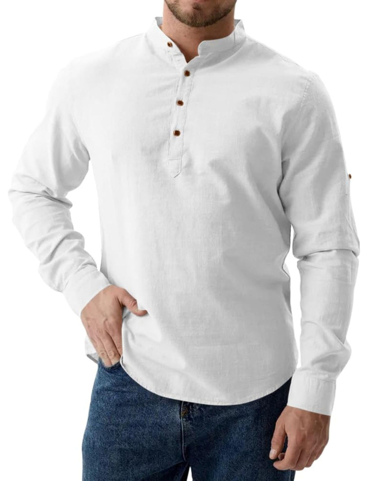 Fifth U Mens Solid Cotton Polyester Blend Straight Kurta Shirt, Regular Fit Full Sleeve Short Kurta Shirt White 4