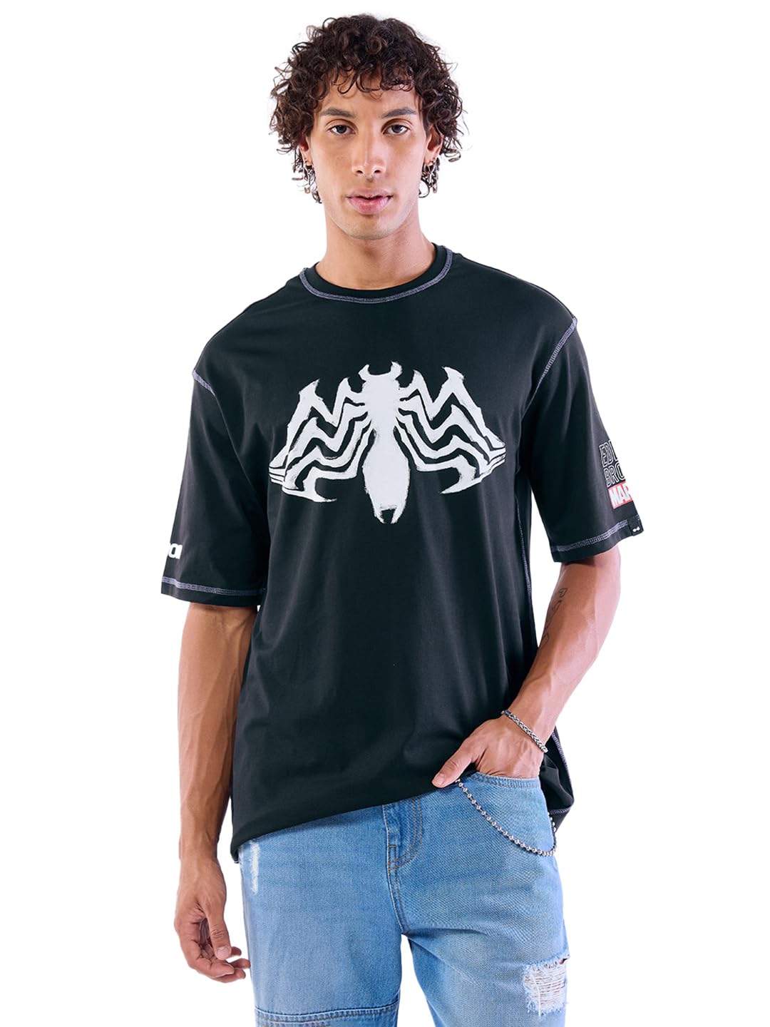 Bewakoof Official Marvel Merchandise Venom MenS Graphic Print Oversized Fit Half Sleeve Round Neck Cotton Jersey T-Shirt_646264_