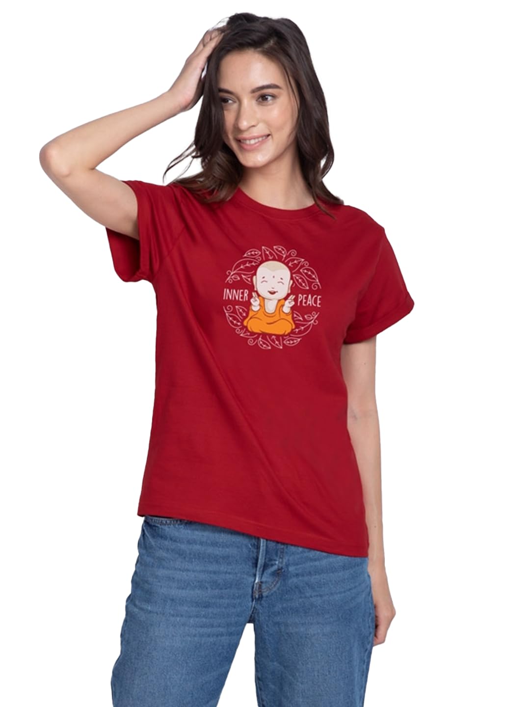 Bewakoof Womens Graphic Print Boyfriend Fit Half Sleeve Round Neck Cotton T-Shirt_295706_Red_XL, Relaxed Fit