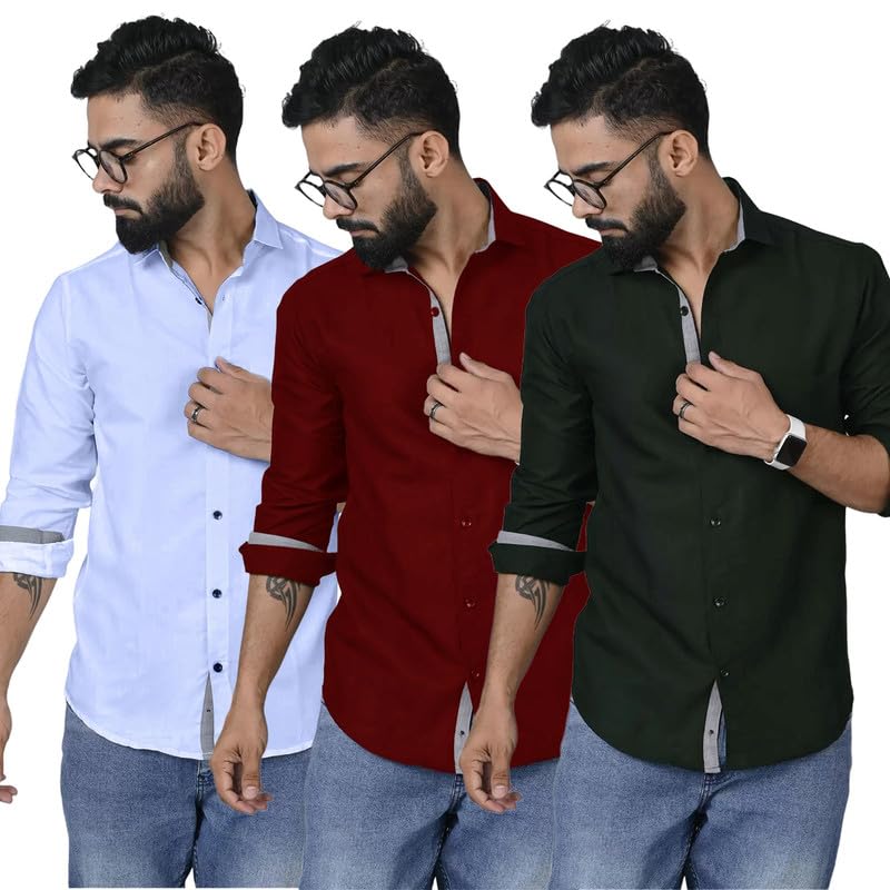 PinkMint Combo Shirt for Men Cotton Spraed Collar Long Sleeve Formal Shirt (Pack of 3)