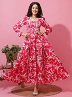 Sheetal Associates WomenS Pink & White Floral Printed Smocked Fit And Flare Maxi Dress| Comfortable Relaxed Fit Summer Dress