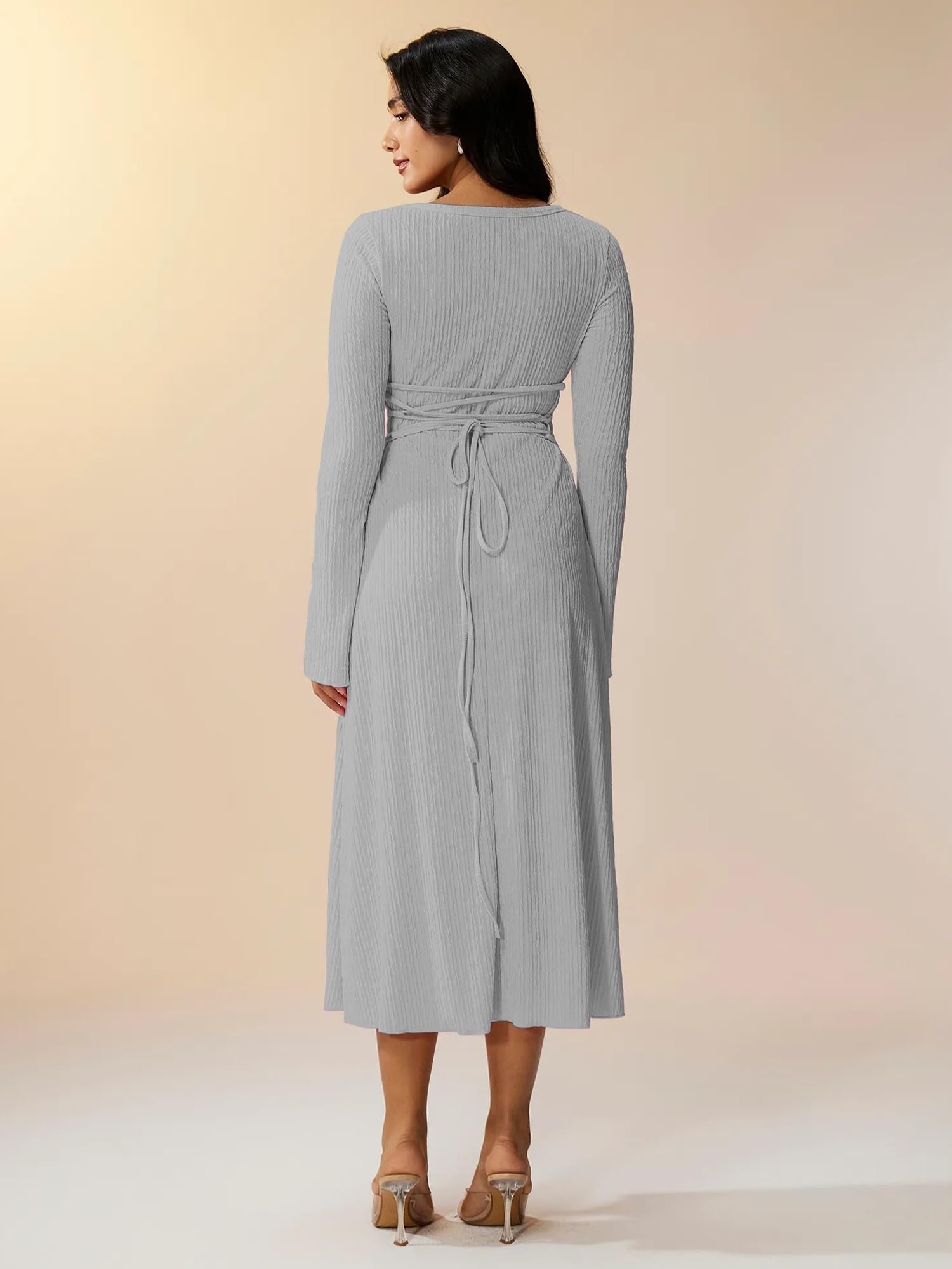 Shasmi Womens Grey Square Neck A-Line Dress  Long Sleeve, Tie Waist, Knitted Stretchable, Casual & Office Outfit, Solid Winter M