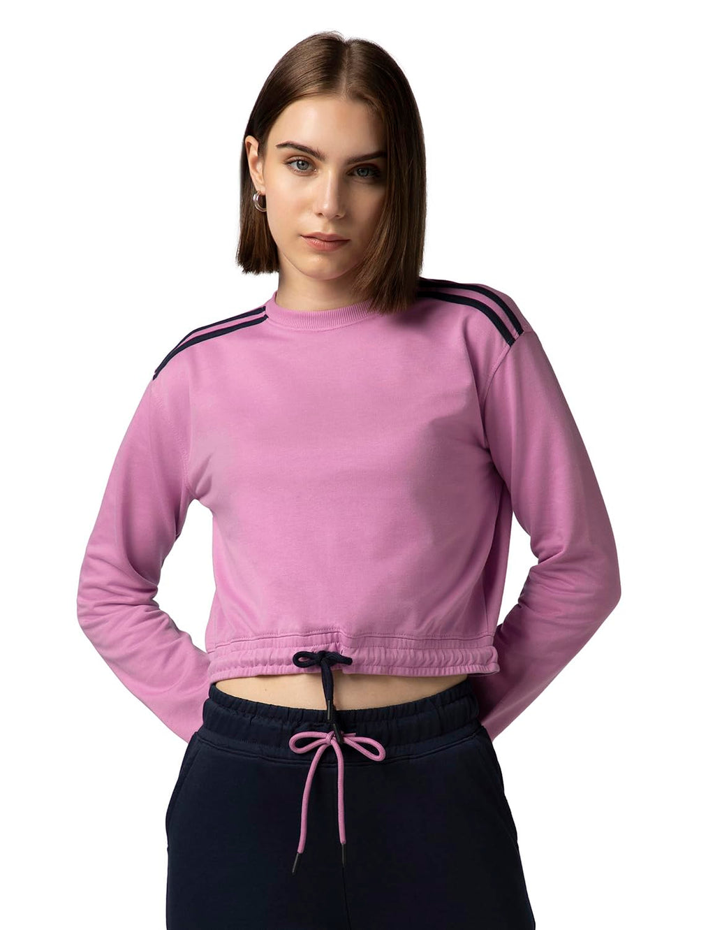 FYLTR Womens Round Neck Drop Shoulder Sweatshirt - Full Sleeve | Elasticated Waist & Cuff | Boxy Fit | Stripe Detailing