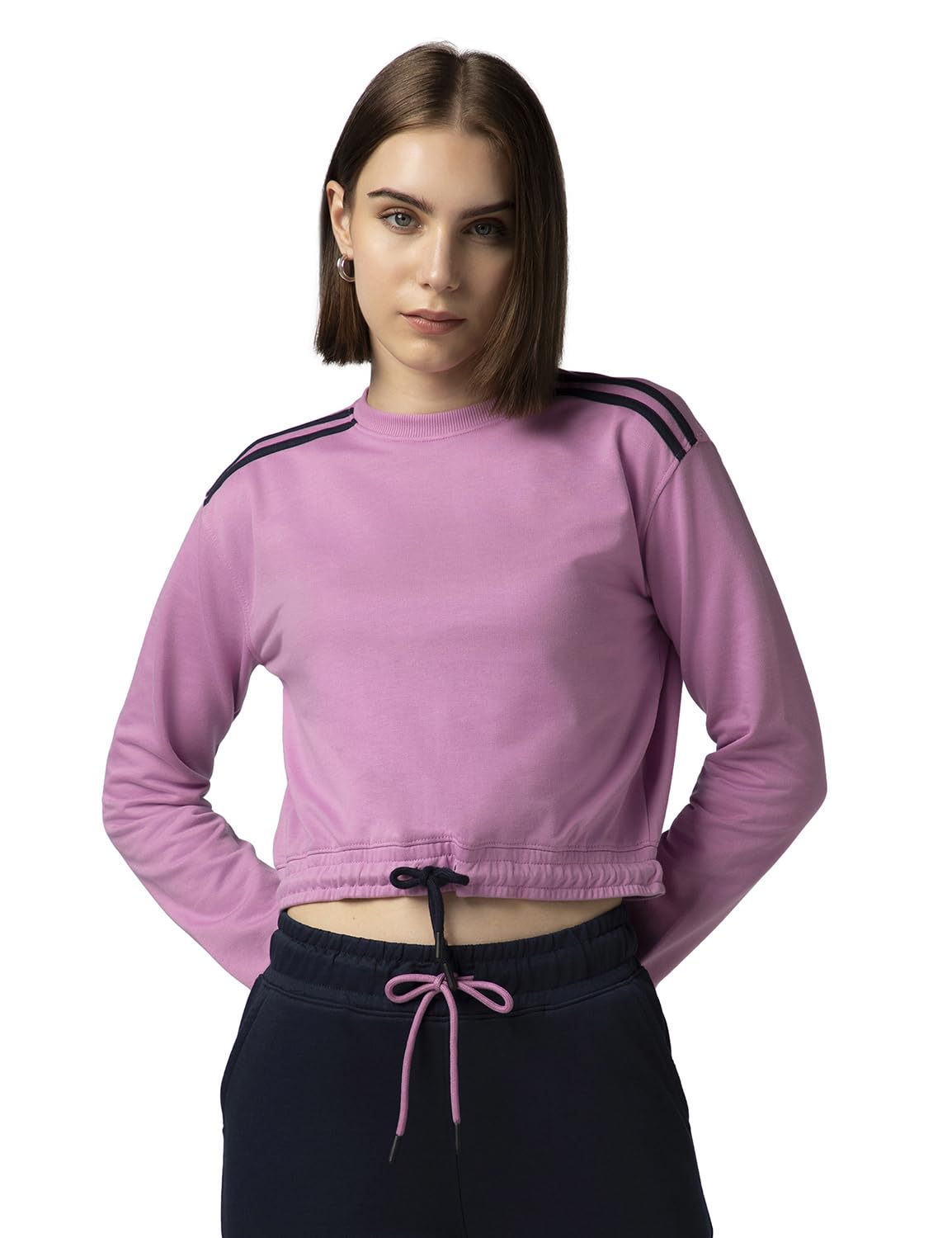 FYLTR Womens Round Neck Drop Shoulder Sweatshirt - Full Sleeve | Elasticated Waist & Cuff | Boxy Fit | Stripe Detailing