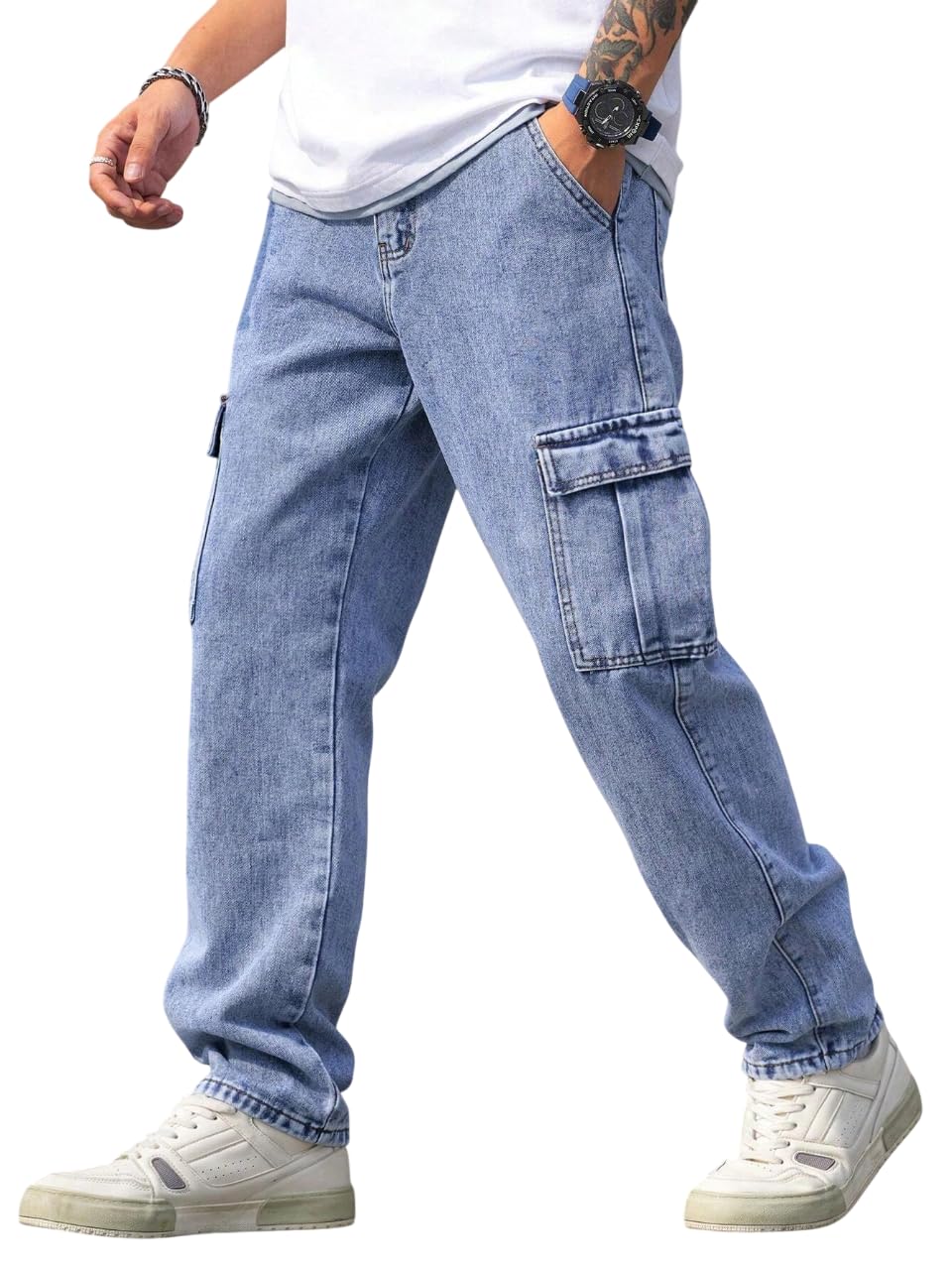 Men Loose Fit Mens Flip Pocket Cargo || Mens Stylish Cotton Loose Fit Denim Cargo Jeans || Multi-Pocket Styling || Perfect for 