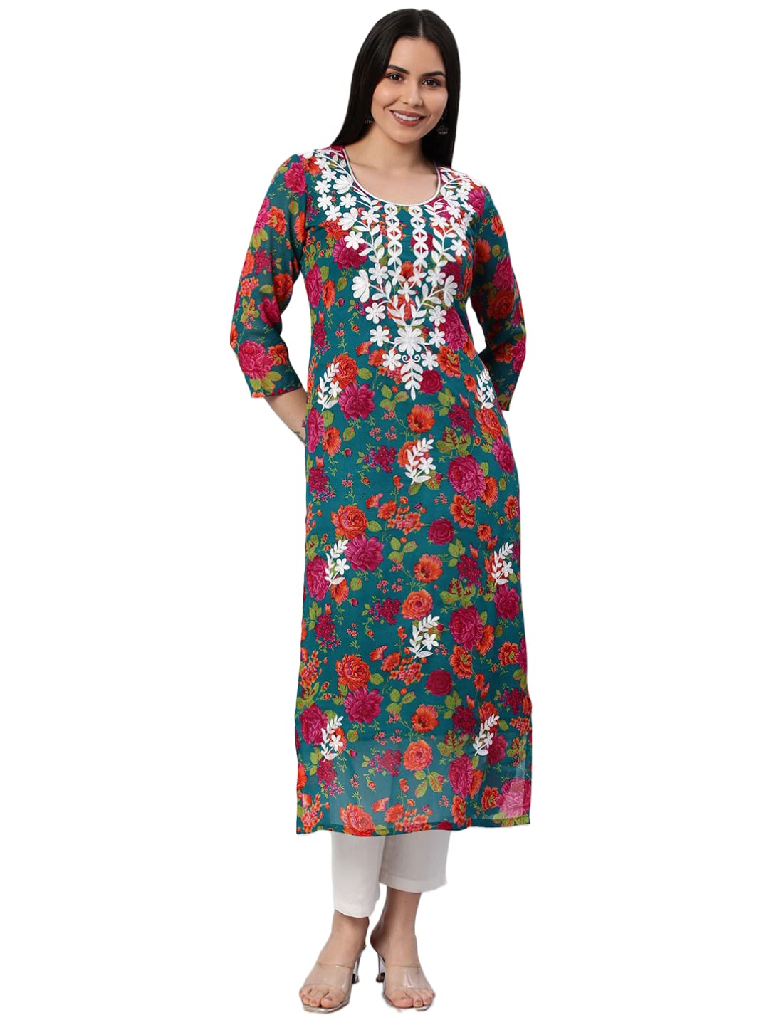 Gosriki Women'S Printed Georgette Straight Chikankari Embroidered Kurta (Rama-Chikan-Gs_S_Rama_Small)