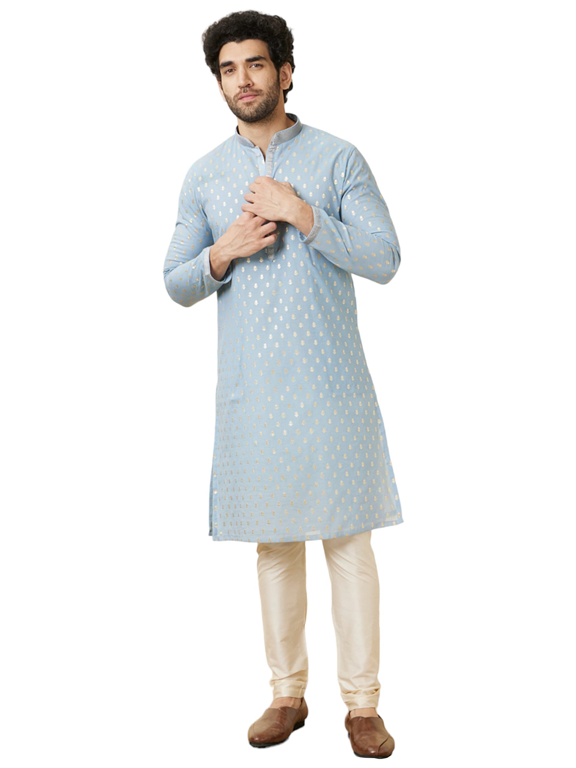 Manyavar Mens Chanderi Self Design Full Sleeves Knee Length Kurta Set (Grey, M)