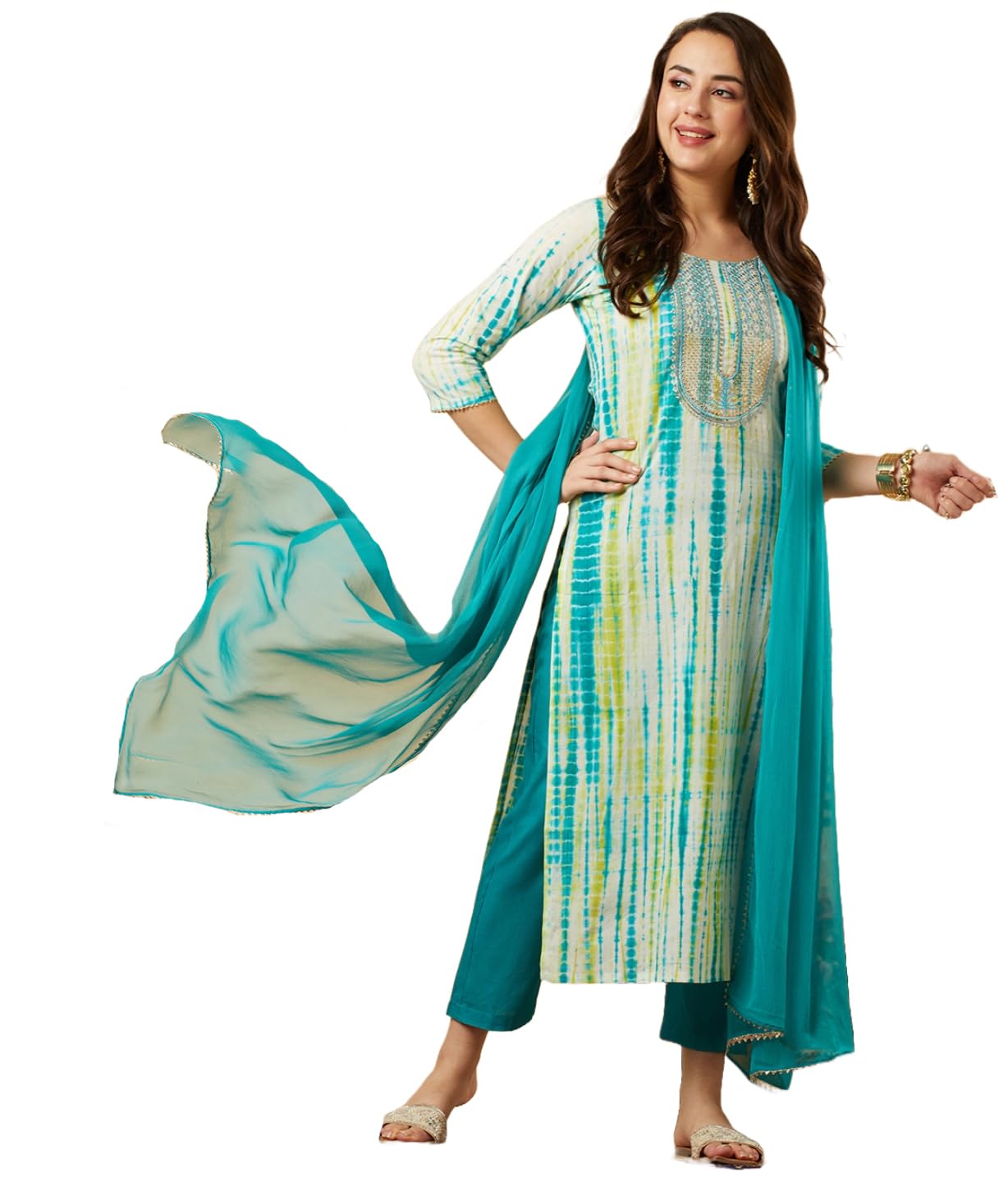 ANNI DESIGNER Womens Cotton Blend Straight Printed Kurta with Pant & Dupatta (Tiedye-RAMA Blue_XXL_Blue_XX-Large)