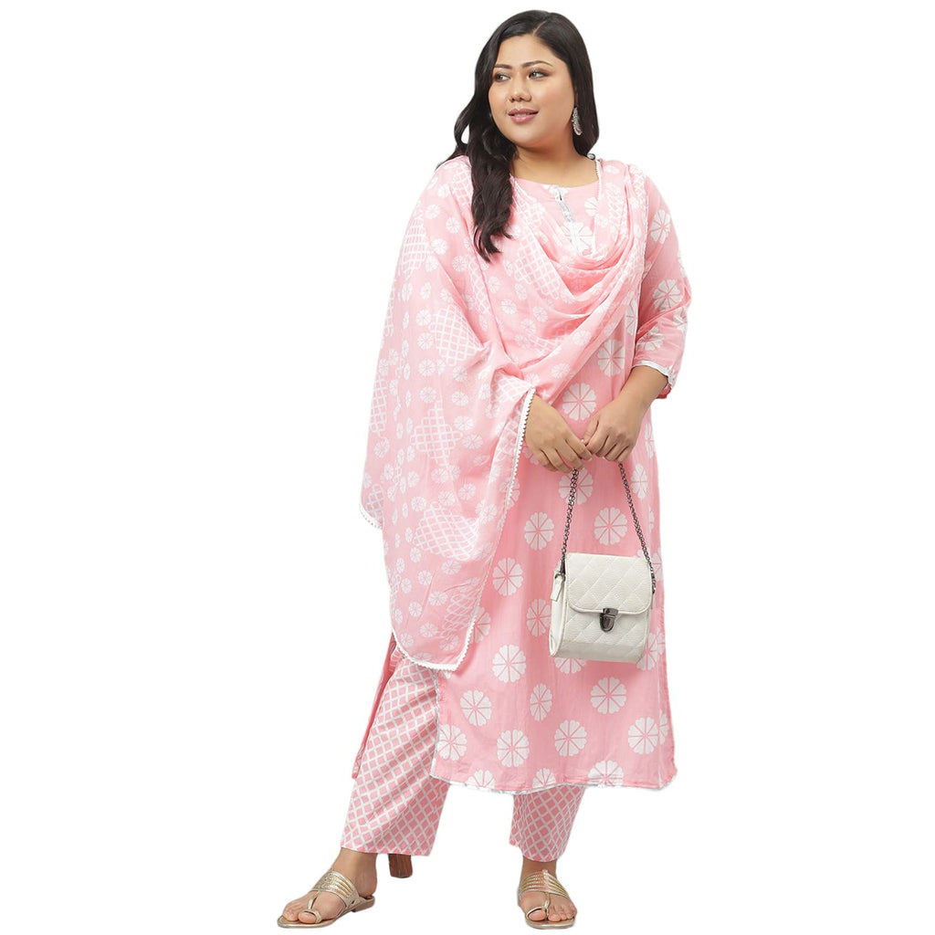 Stylum Women Cotton Kurta Pant With Dupatta Set (Pinkcheckskpd46_Light Pink, 3Xl)