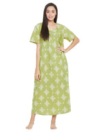 Clovia Womens Cotton Printed Maternity Long Night Dress (NS1111P11_Green_M)
