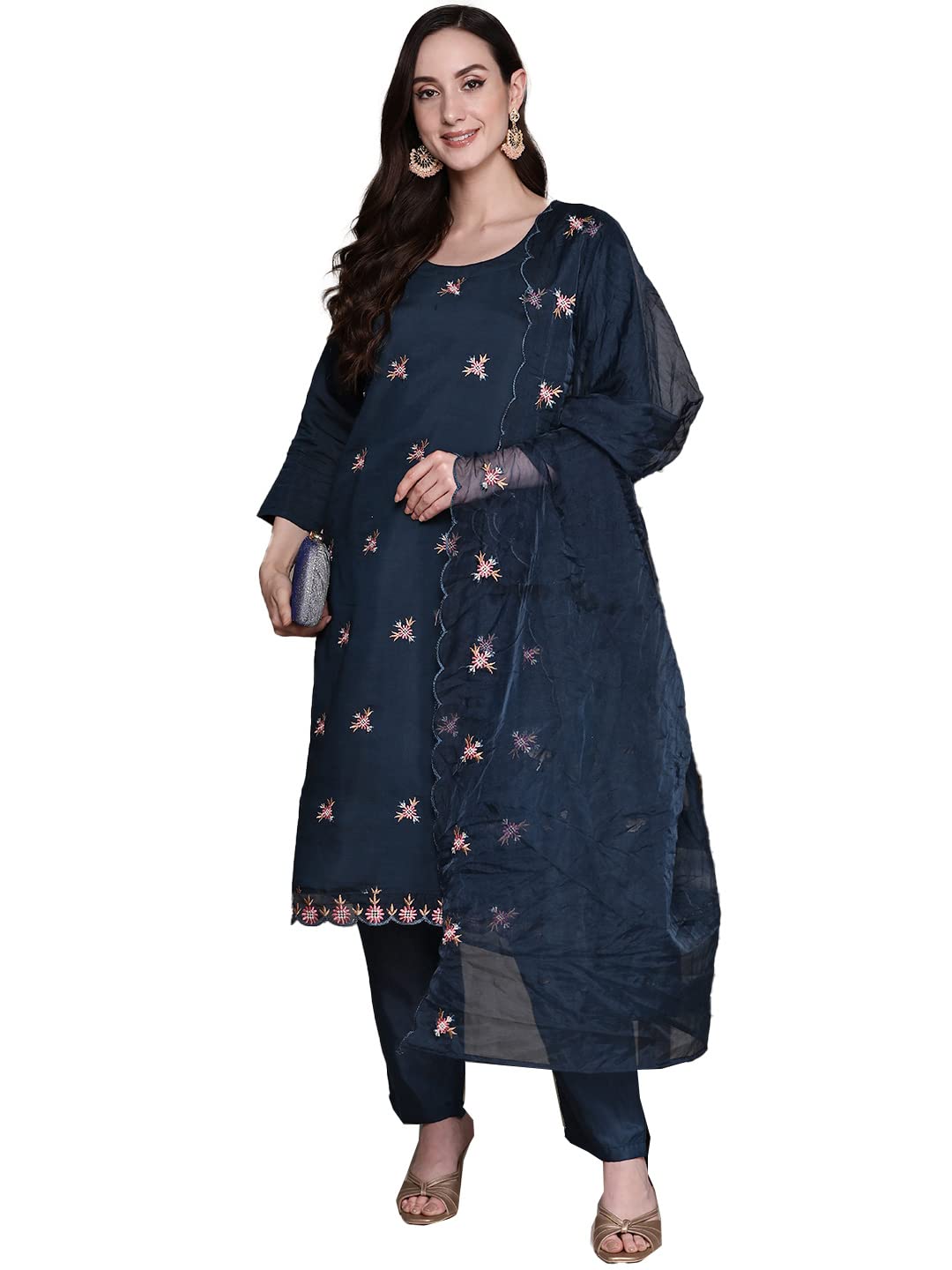 Ishin Women'S Silk Blend Navy Blue Embroidered Straight Kurta Suit Set With Trousers & Dupatta.