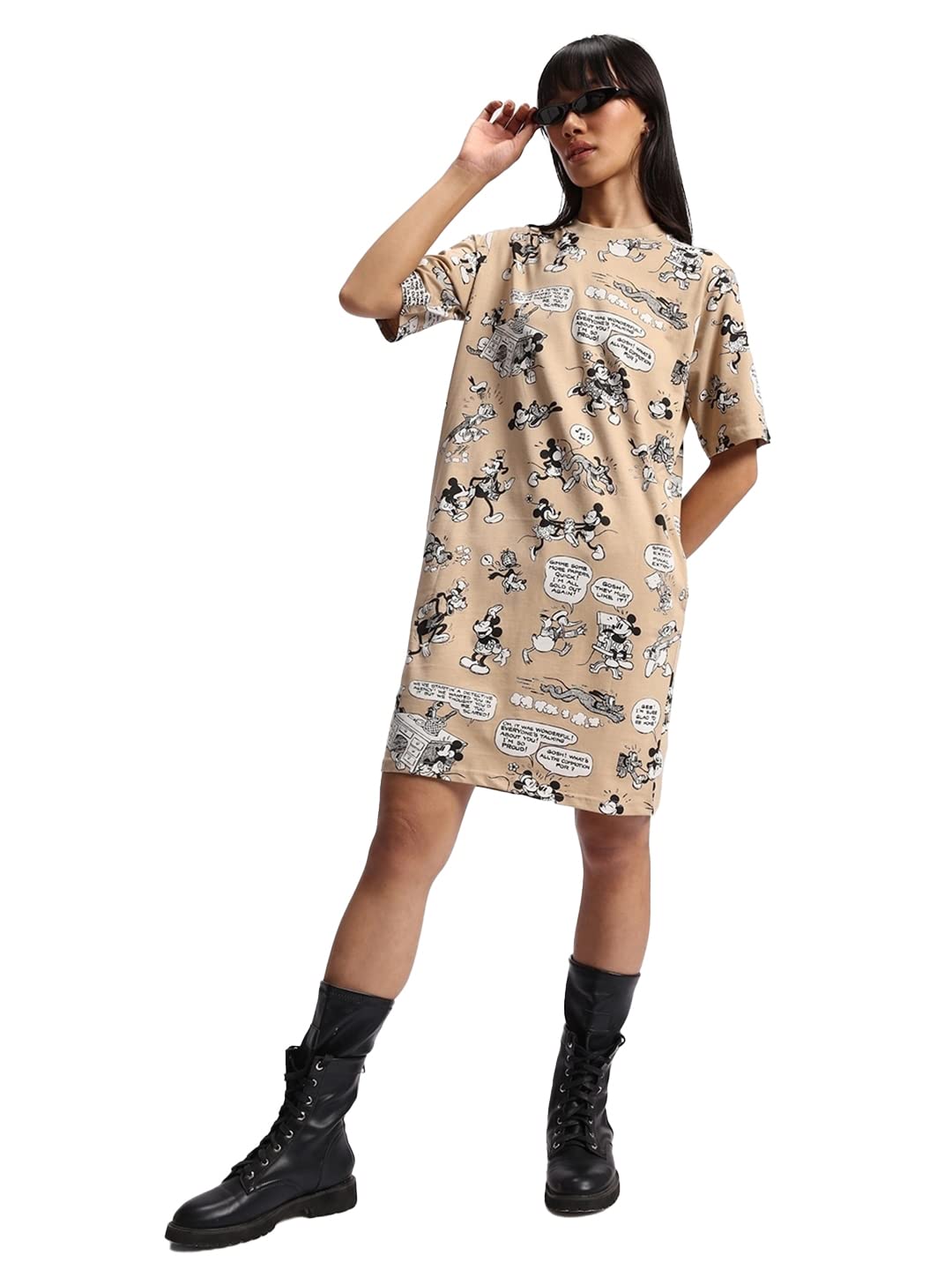 Bewakoof WomenSS All Over Printed Cotton Dress Oversized Fit, Round Neck, Half Sleeve_582005_Brown_M