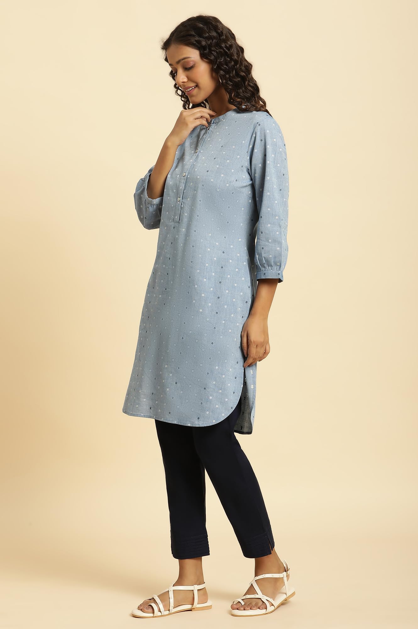 W Blue Cotton Polka Dot Straight Long Kurta For Women