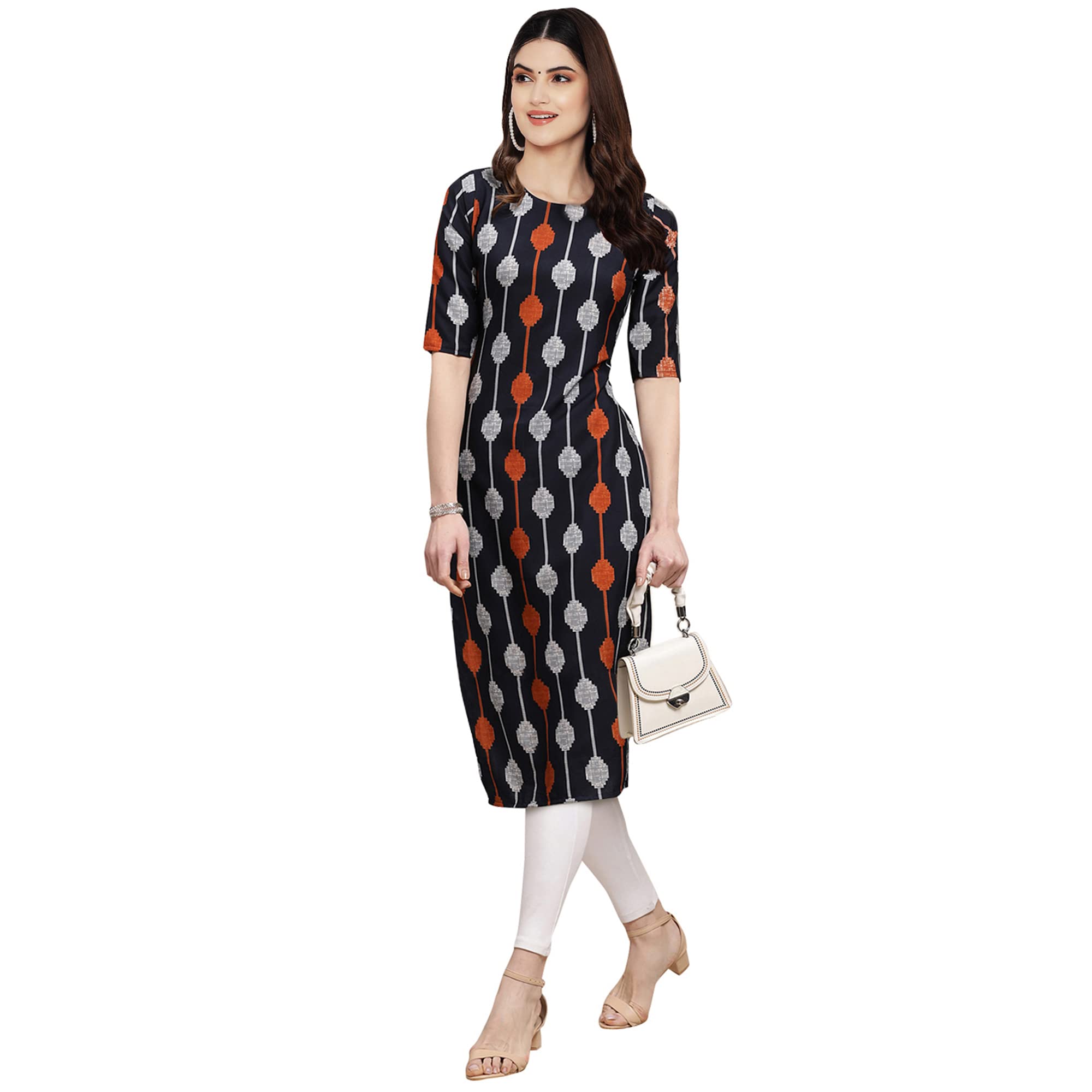 Pinkmint Womens Crepe Black Color Ethnic Motif Printed Straight Kurti