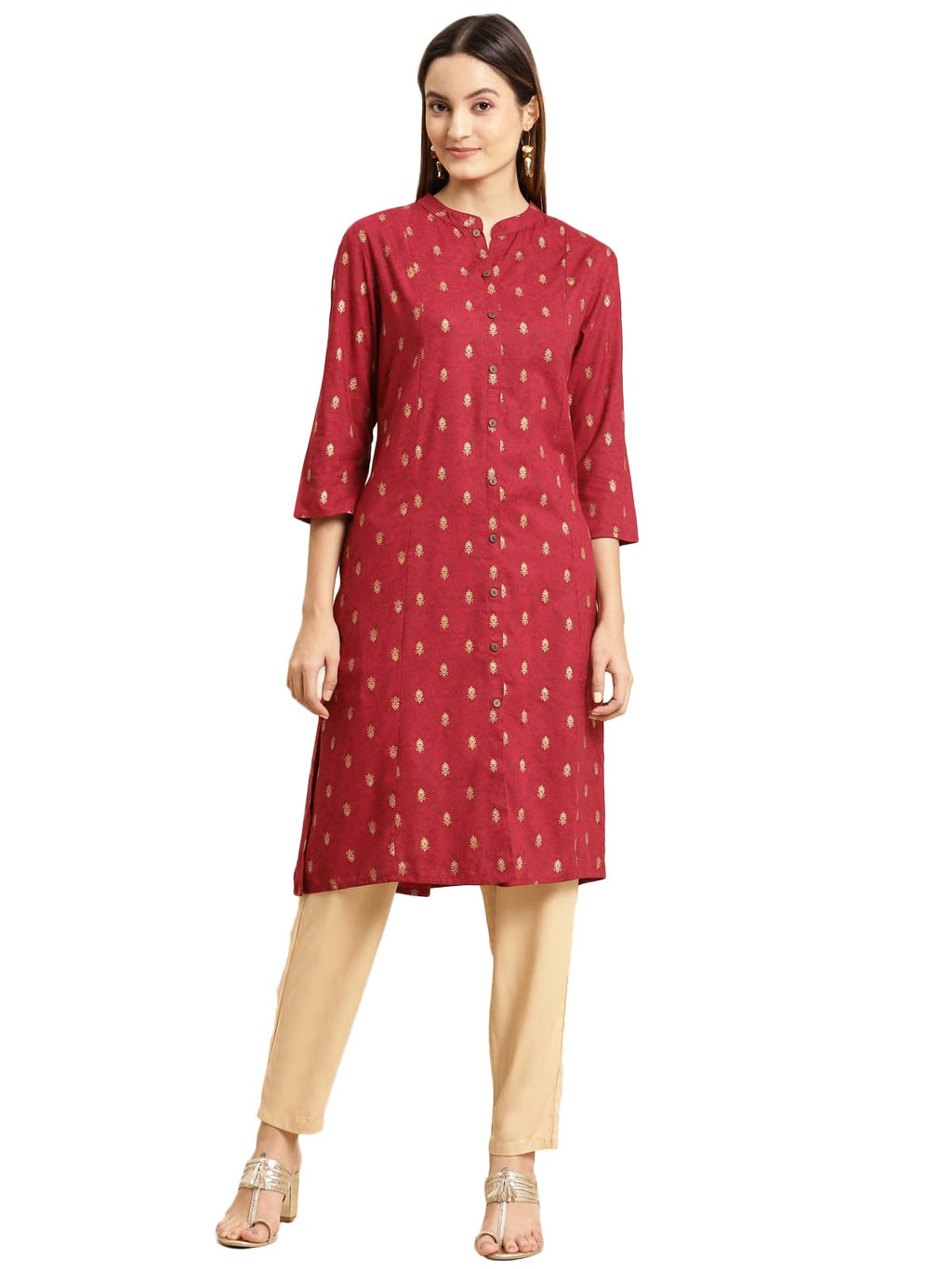 Rangita Maroon Rayon Knee Length Printed A-Line Kurti For Women | Kurta For Women_L