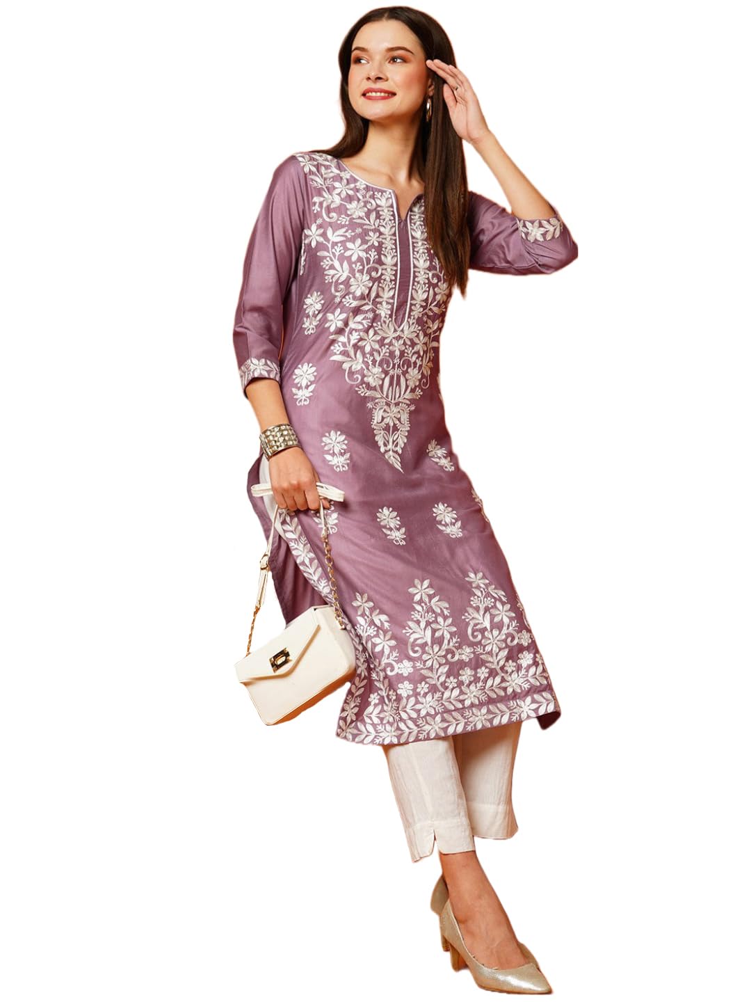 ANNI DESIGNER Womens Cotton Blend Straight Chikankari Embroidered Kurta (Chin-Purple-NW_3XL_Purple_XXX-Large)