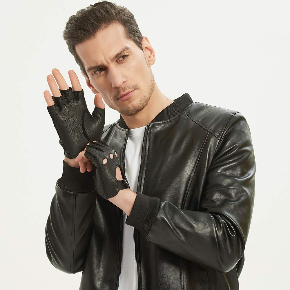 NOVBJECT Fingerless Leather Gloves Men Driving Gloves Deerskin Unlined Half Finger Motorcycle Outdoor (Black, L)