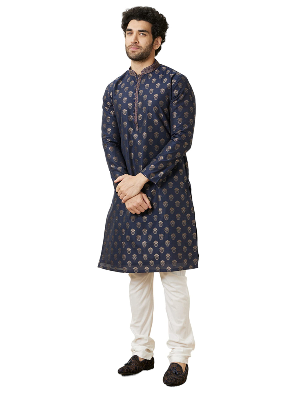 Manyavar MenS Art Silk Self Design Full Sleeves Knee Length Kurta Set (Blue, L)