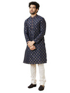 Manyavar MenS Art Silk Self Design Full Sleeves Knee Length Kurta Set (Blue, L)
