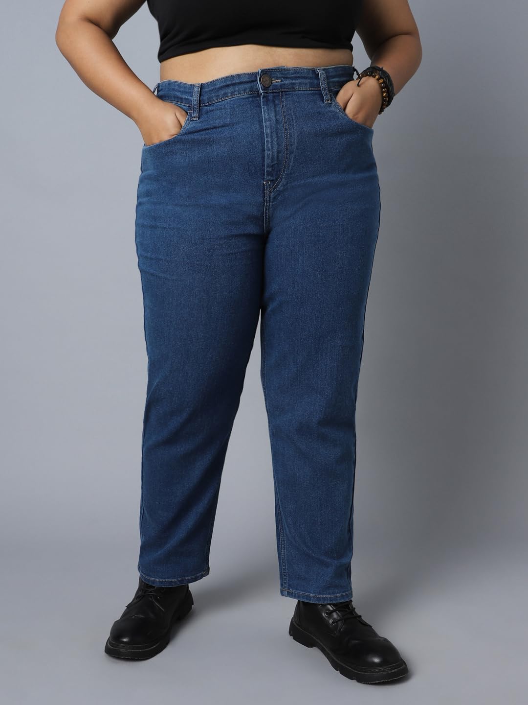 High Star Women Plus Size Straight Fit High-Rise Stretchable Jeans