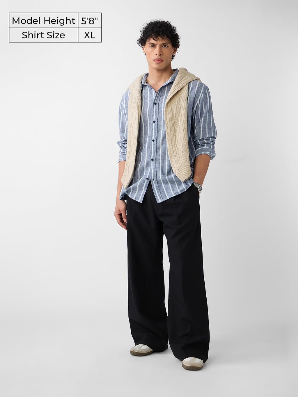 The Souled Store Cotton Linen Stripes: Nautical Men and Boys Long Sleeves Collared Neck Button Front Grey Striped Regular Fit Li