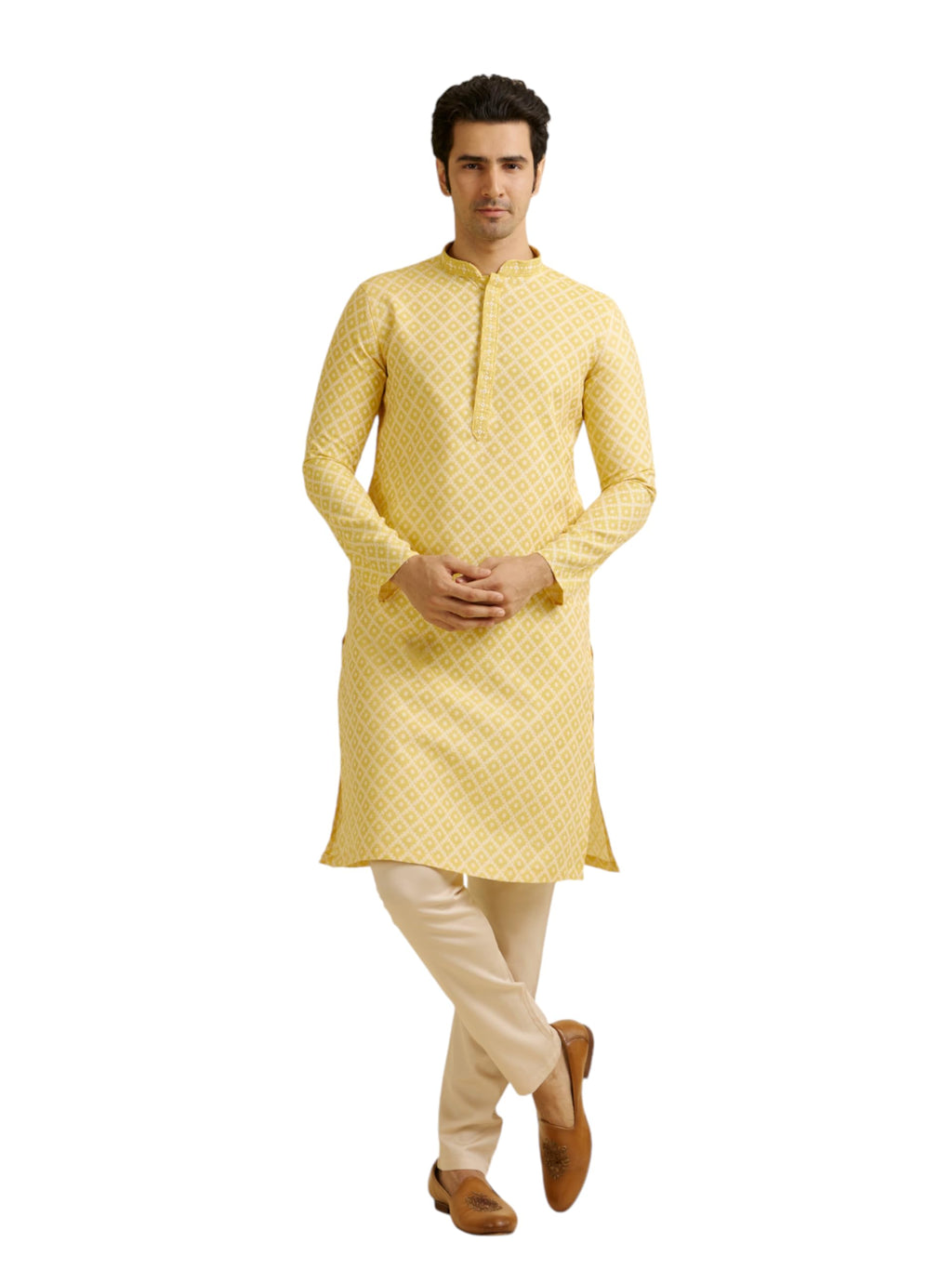 Manyavar MenS Art Silk Jacquard Embroidered Kurta Pyjama Set (Yellow,Xxl)