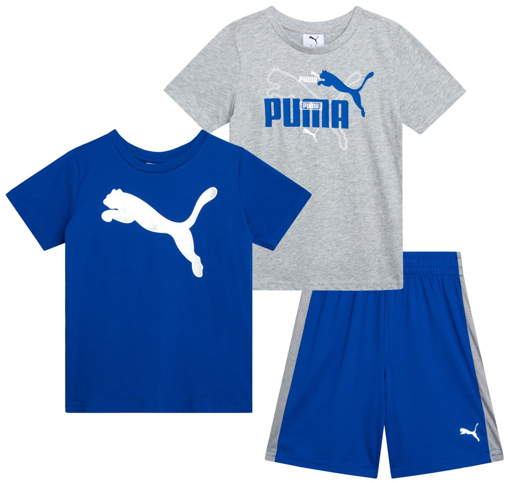 PUMA Boys' Short Set - 3 Piece Short Sleeve Graphic T-Shirts and Active Shorts Outfit Set for Boys (Sizes: 2T-7), Size 2T, Blue/