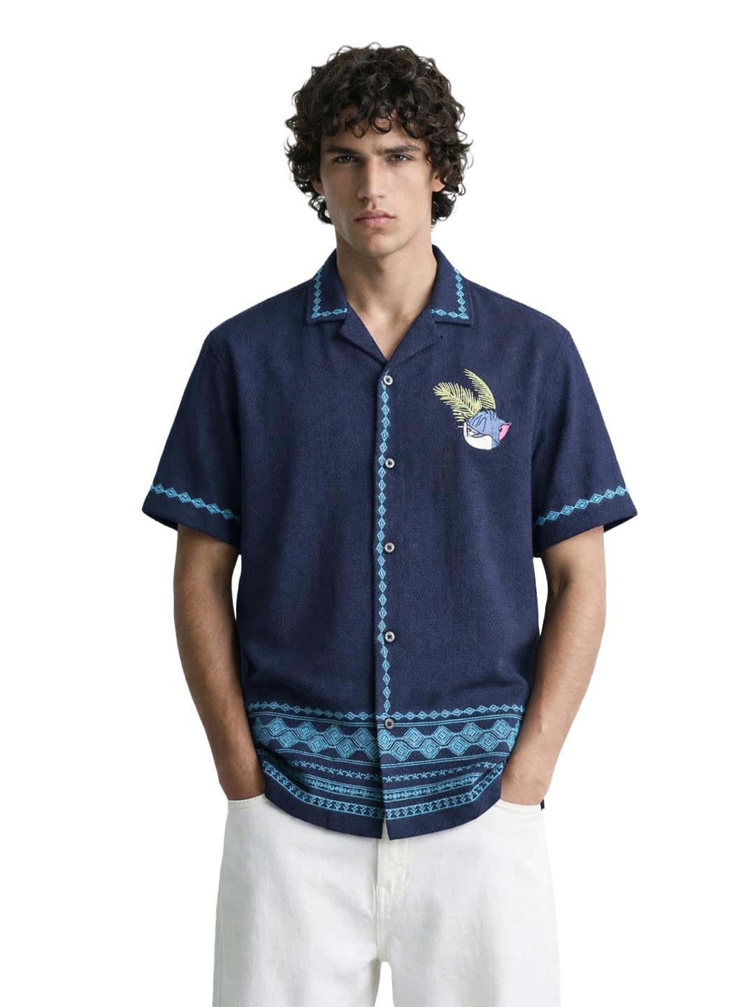 The Indian Garage Co Mens Relaxed Fit Embroidered Cuban Collar Half Sleeves Resort Sweater