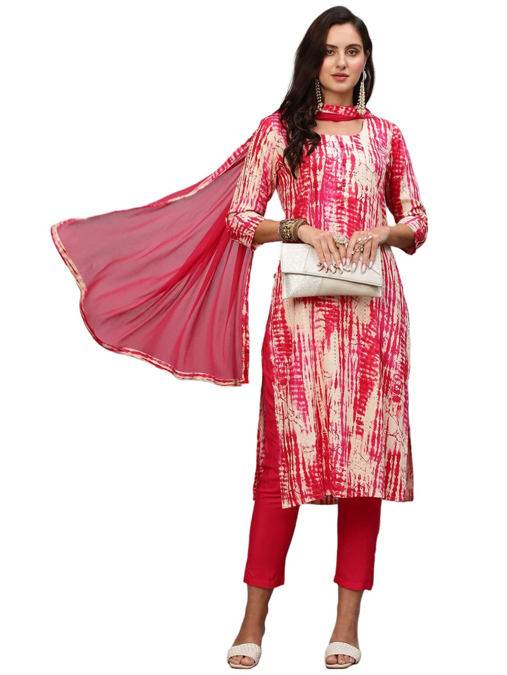 Gosriki Women'S Cotton Blend Printed Straight Kurta With Pant & Dupatta (Chitkabra-Pink-Gs_Xxl_Pink_Xx-Large)