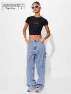 The Souled Store Soul Rhythm Women and Girls Short Sleeves Round Neck Black Embroidered Slim Fit Cropped Tops