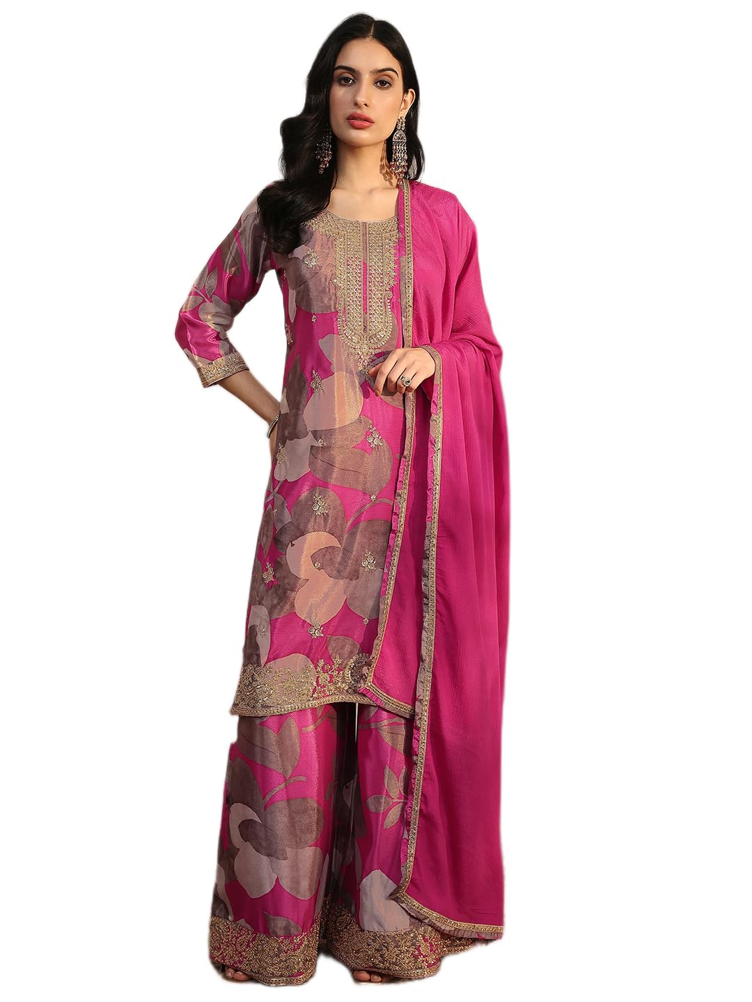 Libas Printed Chinon Straight Kurta With Palazzos With Dupatta (51841XXL)