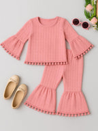 A.T.U.N. (ALL THINGS UBER NICE) Girls Textured Knit Ruffle Sleeve Peplum Top and Bell Bottom Pants Set with Pom-Pom Trim