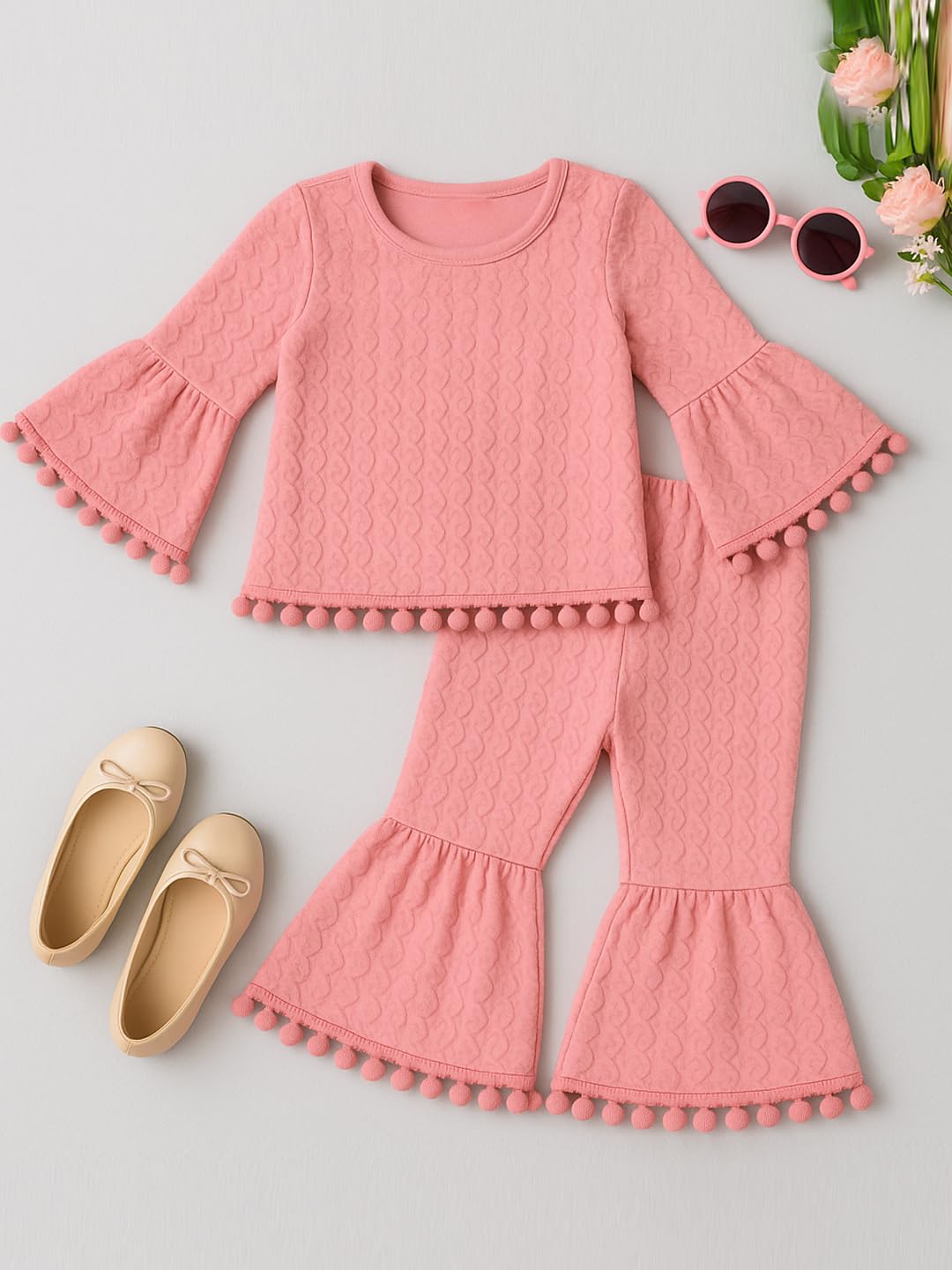 A.T.U.N. (ALL THINGS UBER NICE) Girls Textured Knit Ruffle Sleeve Peplum Top and Bell Bottom Pants Set with Pom-Pom Trim