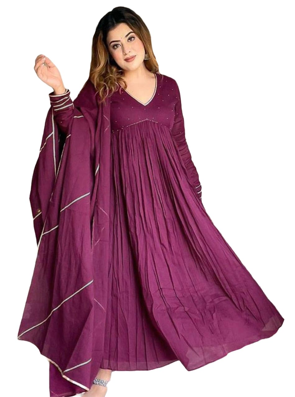 ANNI DESIGNER Womens Rayon Viscose Yoke Anarkali Kurta with Pant & Dupatta (Suruchi Wine_XXL_Wine_XX-Large)