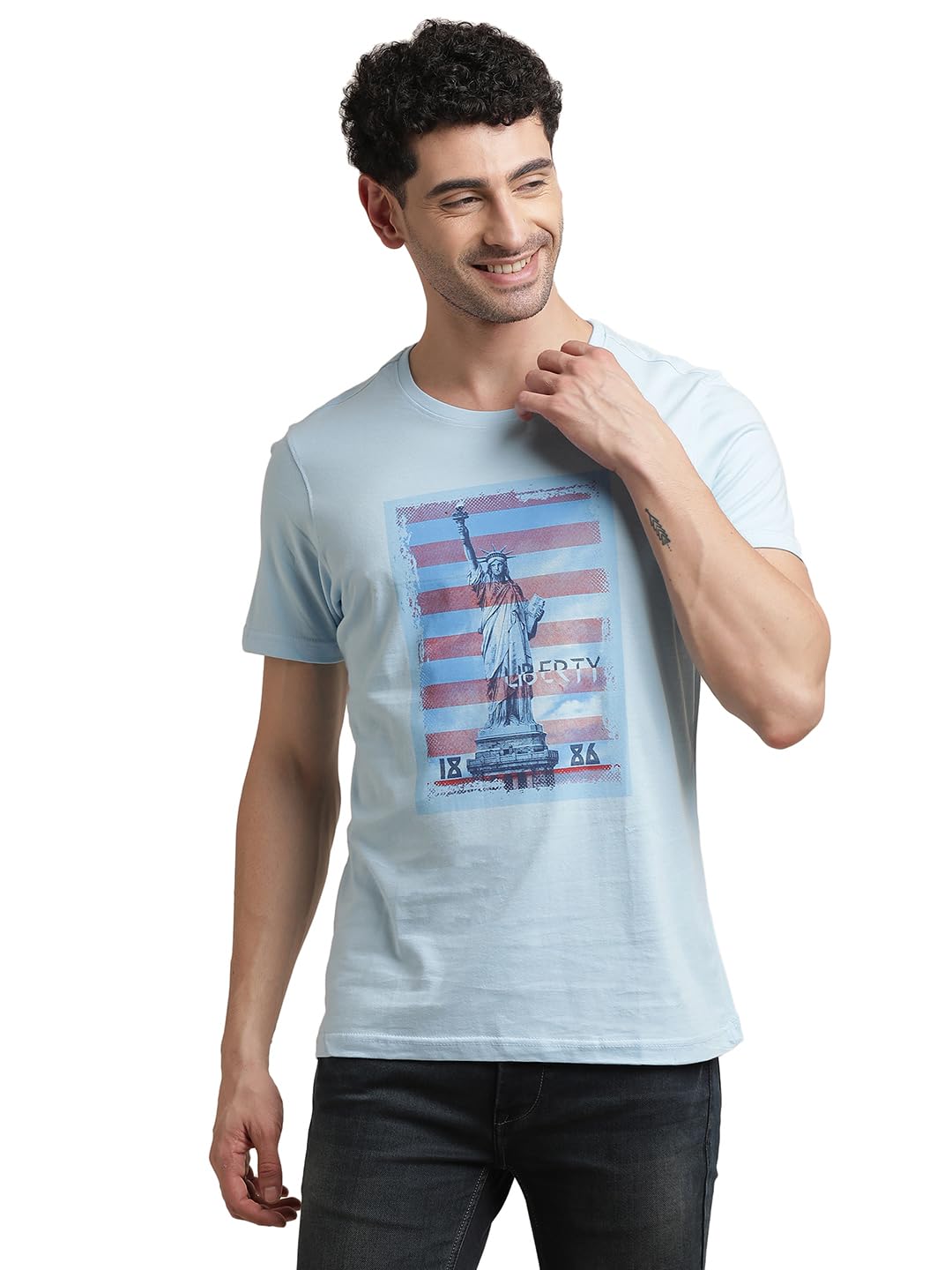 Turtle Men 100% Cotton Chest Printed Crew Neck Light Blue T-Shirt