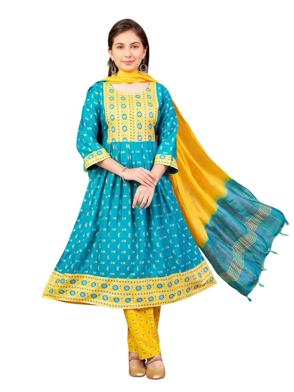 Aarika Girls Ethnic Wear Green-Yellow Colour Foil Print Rayon Kurti-8-15 Years (Kurti-Ap-803)