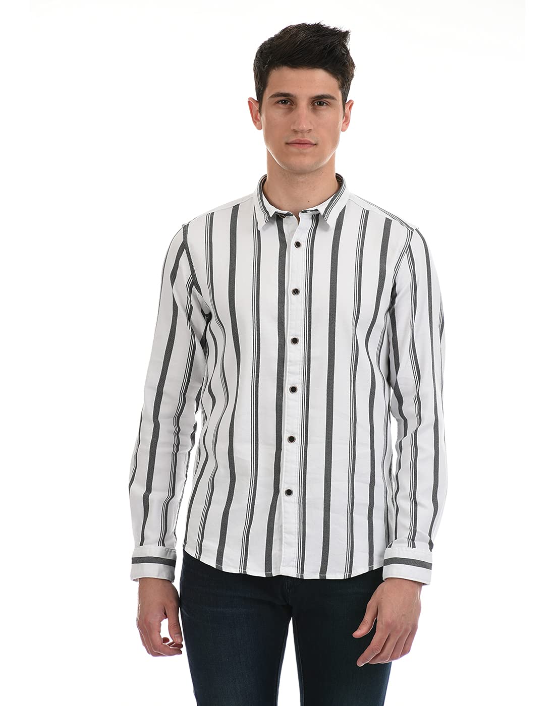 Pepe Jeans MenS Cotton Blend Striped Regular Fit Casual Shirt (Pm306917_White S)