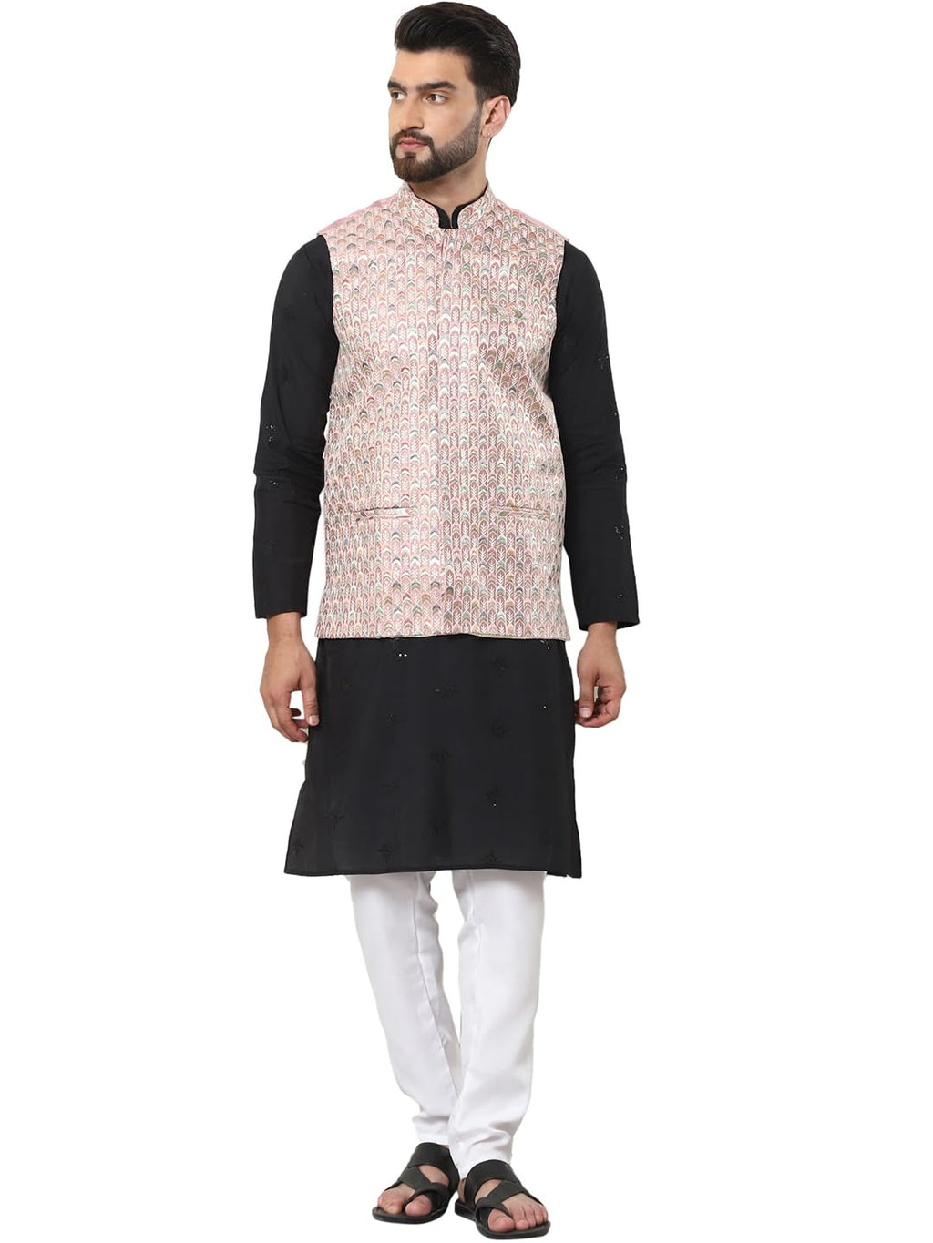 SOJANYA (Since 1958 Mens Cotton Silk Black Kurta and White Pyjama with Designer Peach Nehru Jacket