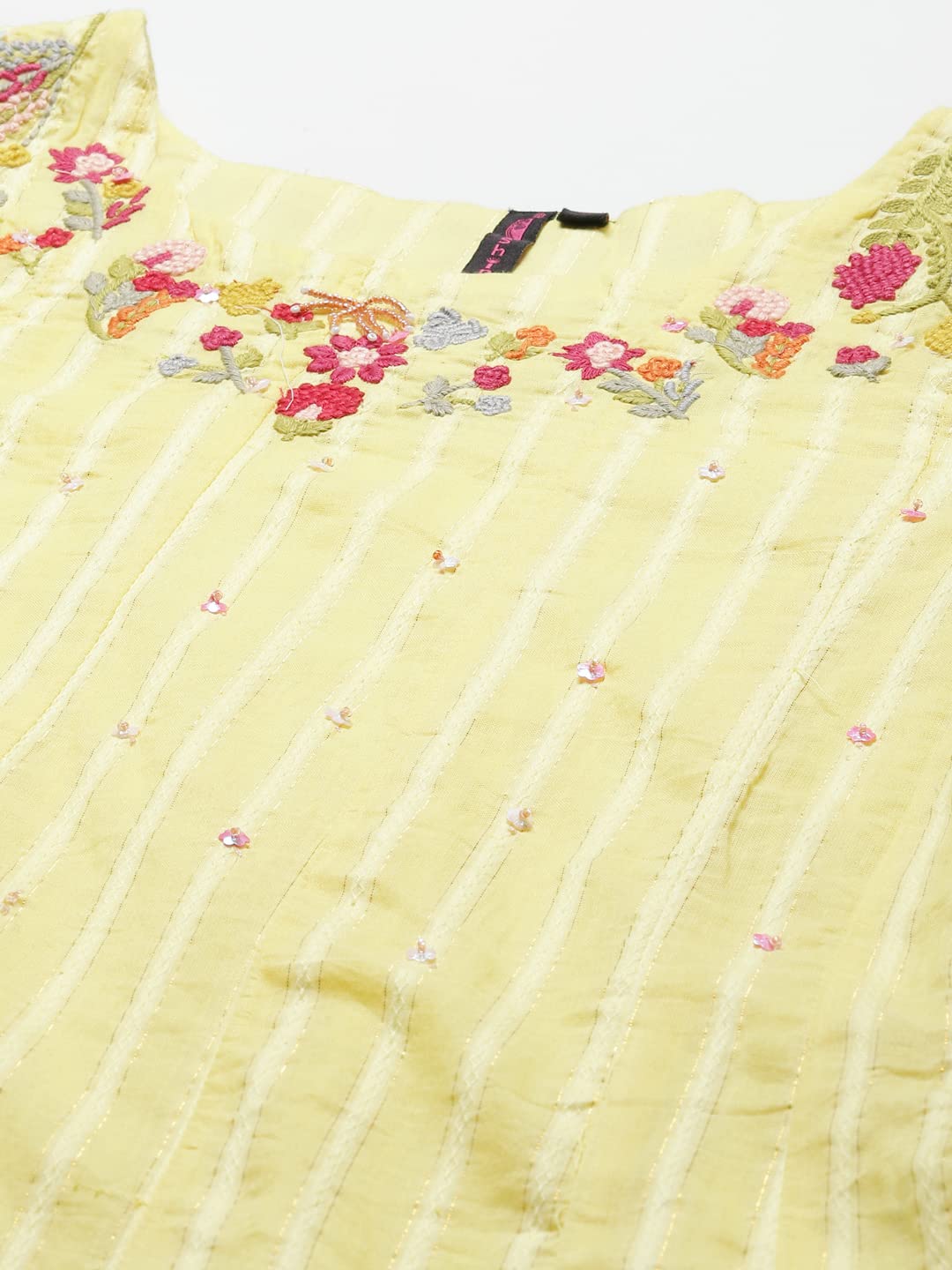 Ishin Women'S Cotton Blend Embroidered Phulkari Yellow Floral Print A-Line Kurta Suit Set With Dupatta & Trouser