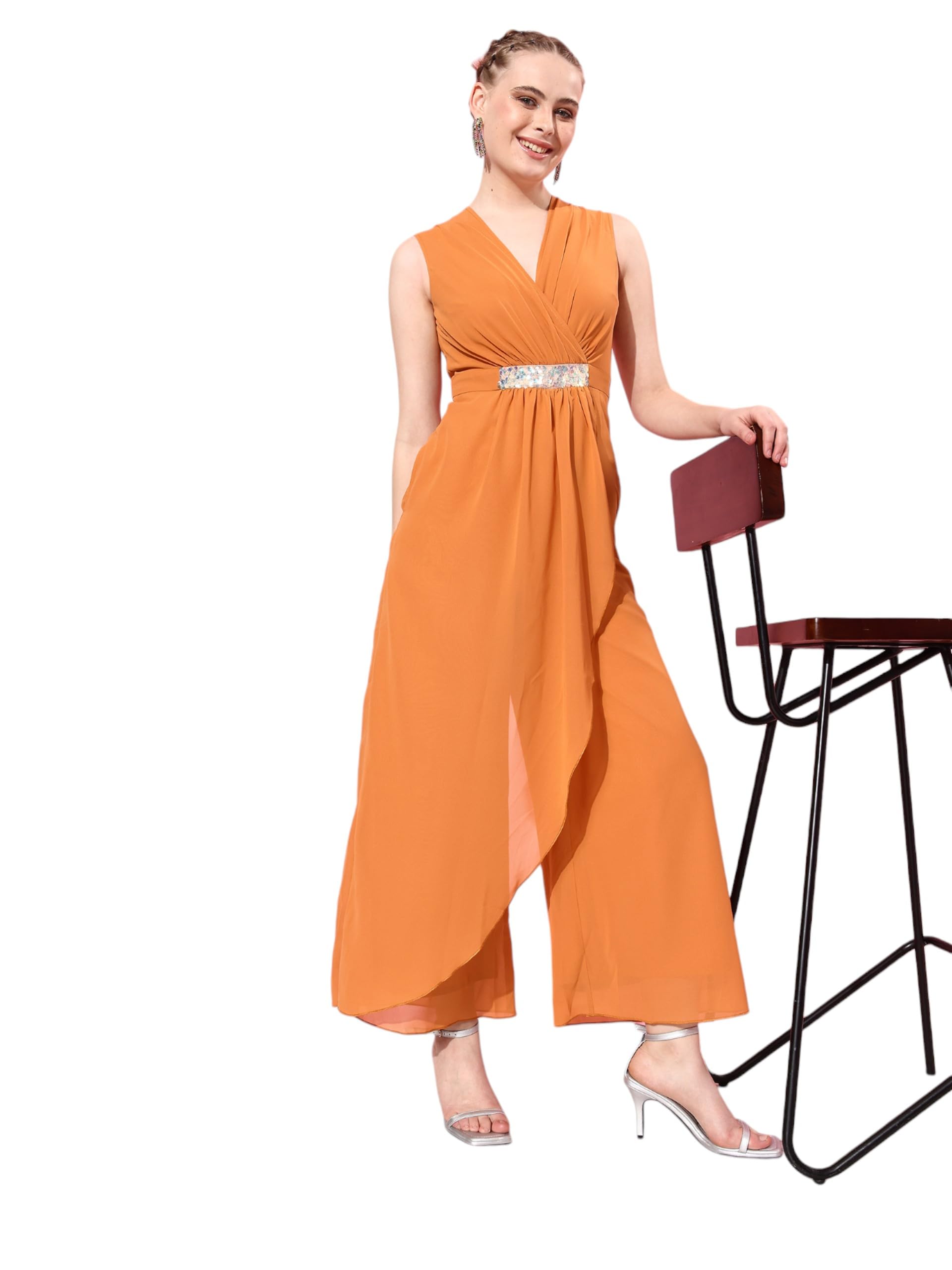 Miss Chase WomenS Colored V-Neck Sleeveless Embellished Wrap Jumpsuit (Mcss25D91-84-284-02, Dusty Orange, Xs)