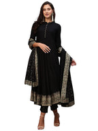 ANNI DESIGNER Womens Cotton Blend Solid Anarkali Kurta with Pant & Dupatta (Panchali-Black_XL_Black_X-Large)
