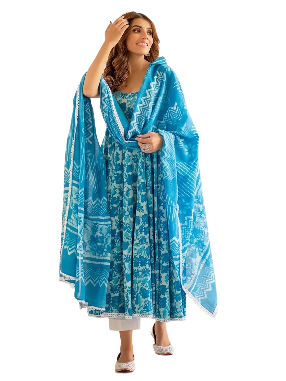 Pinkmint WomenS Cotton Blend Straight Printed Kurta With Pant & Dupatta Sky Blue