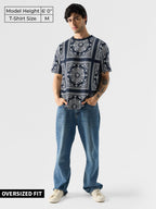 The Souled Store Fusion Bandana Men and Boys Short Sleeve Round Neck Blue All Over Print 100% Cotton Oversized Fit T-Shirts Over