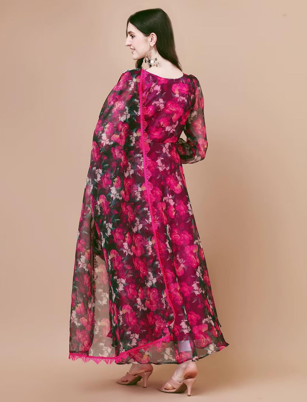 Fashion Basket Women Floral Print V Neck Anarkali Kurta With Pant And Dupatta