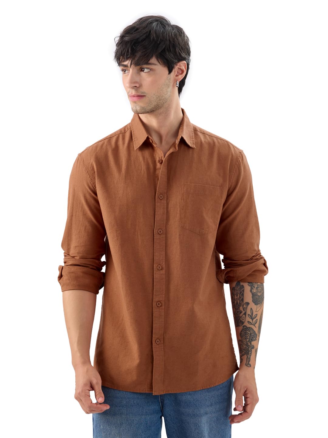 The Souled Store Russet Brown Men & Boys Long Sleeve Collared Neck Button Front Regular Fit Solid Cotton Linen Shirts