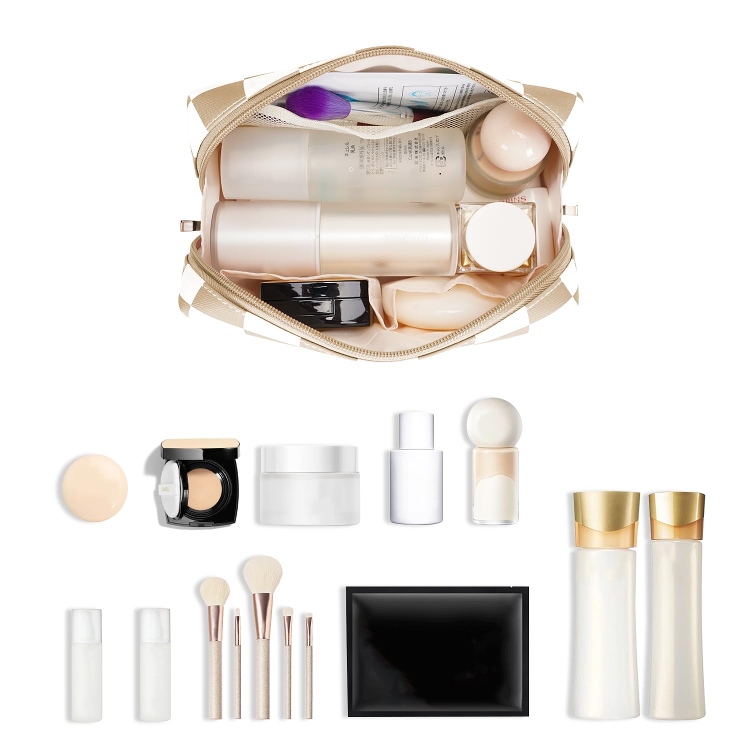 Large Vegan Leather Makeup Bag Zipper Pouch Travel Cosmetic Organizer for Women (Large, Light Checkerboard)