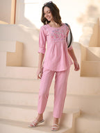 Stylum Womnes Solid & Embroidered Cotton Blend Kurti Pant Set