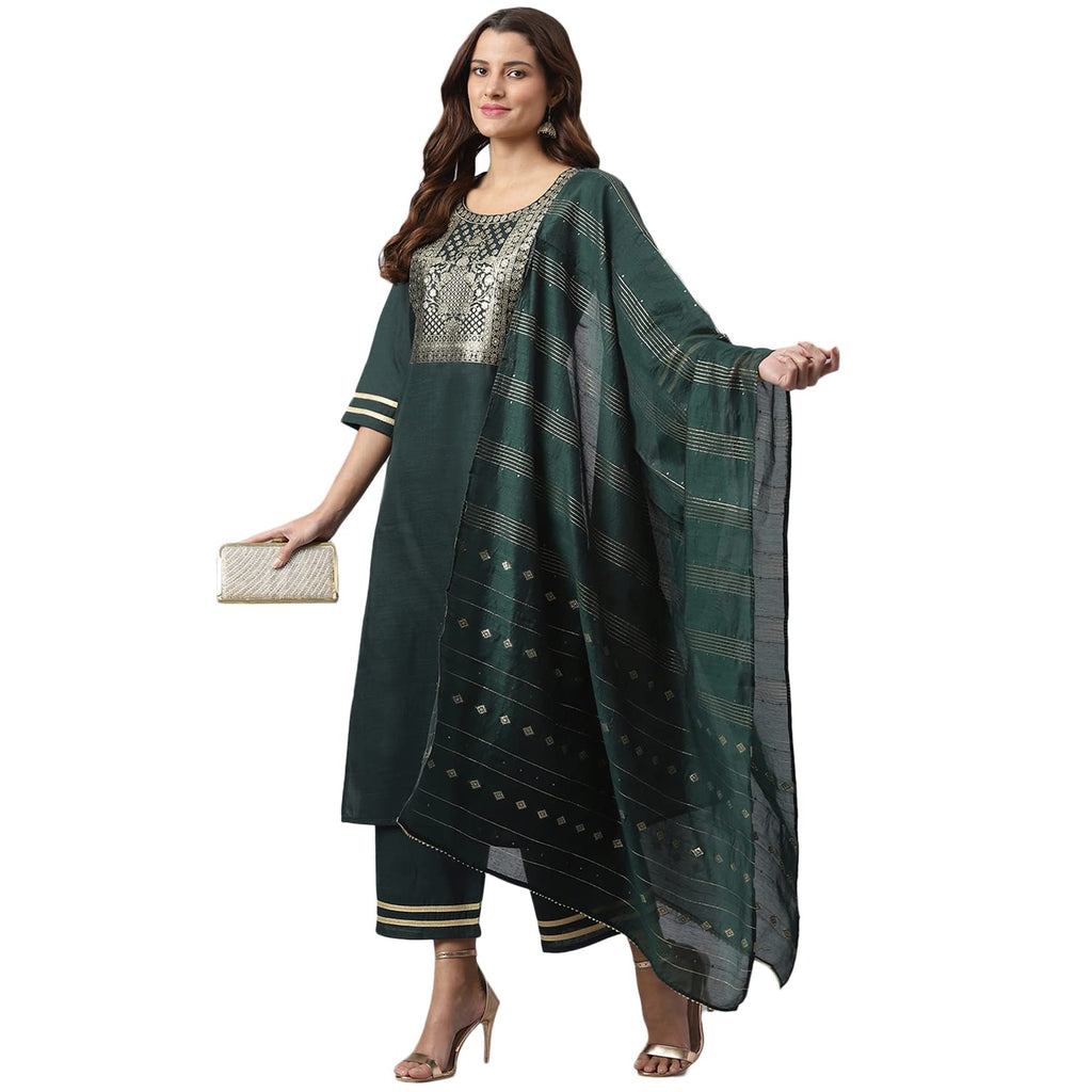 Gosriki Women'S Cotton Blend Straight Solid Kurta With Palazzo & Dupatta (Ruchir Green_New_Xxl-Go_Green_Xx-Large)