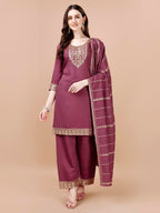 Pratham Blue Women'S Chanderi Silk Embroidered Straight Kurta With Palazzos And Dupatta