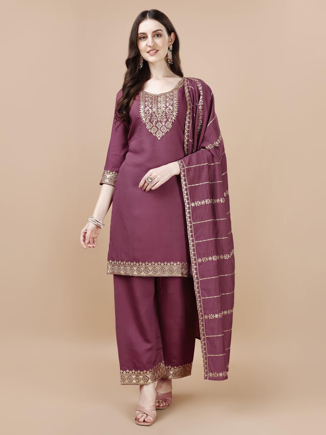 Pratham Blue Women'S Chanderi Silk Embroidered Straight Kurta With Palazzos And Dupatta